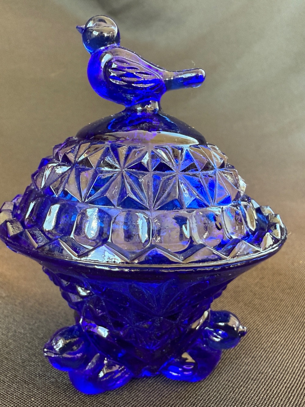 VTG Cobalt Blue Bird Trinket Oval Dish Lidded Rare Farmhouse Country